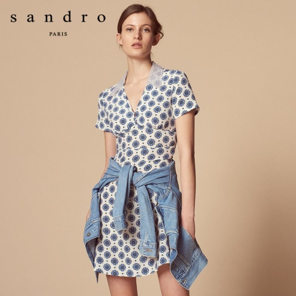 NWOT Sandro Enya Small Blue Geometric Print size 36 Small Silk Mini Dress